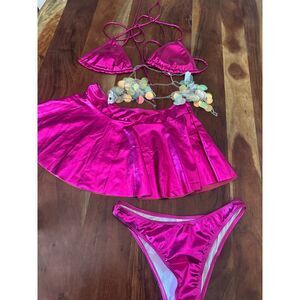 Festival / Rave Outfit Set – Metallic Hot Pink with Sequin Chain Top, Size M
